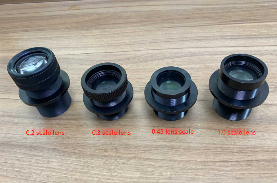 the left is 0.2 lens scale, then is 0.3lens scale for default, 0.45lens scale for some special models,and 1:1 scale lens,