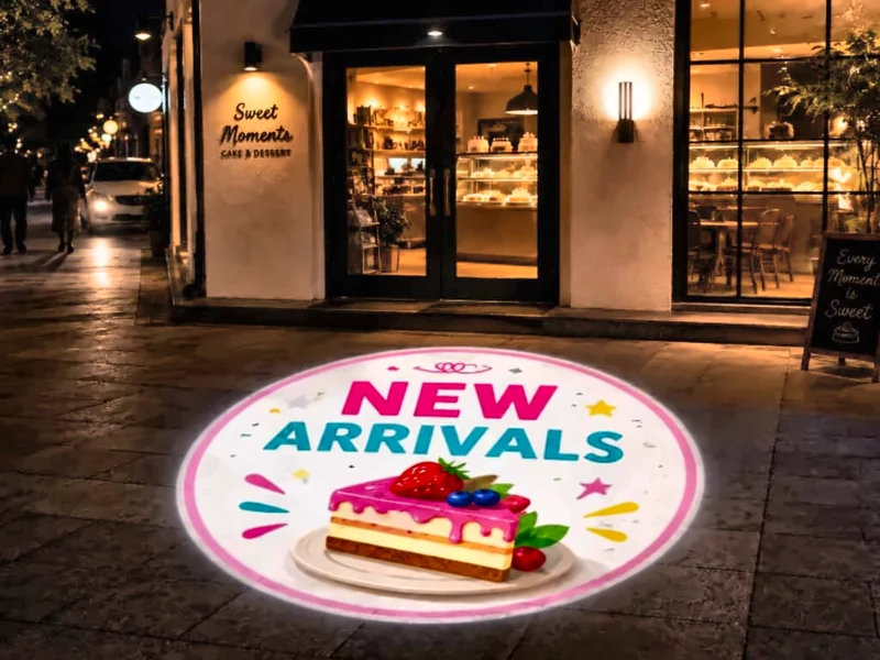 Circular product artwork projected on the pavement outside a street-facing shop.