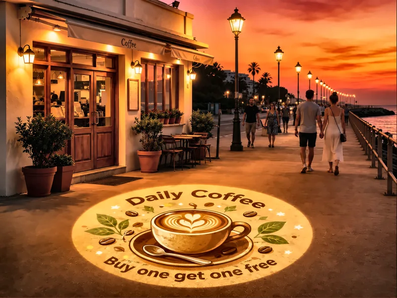 Coffee promotion projected along the customer approach to a storefront