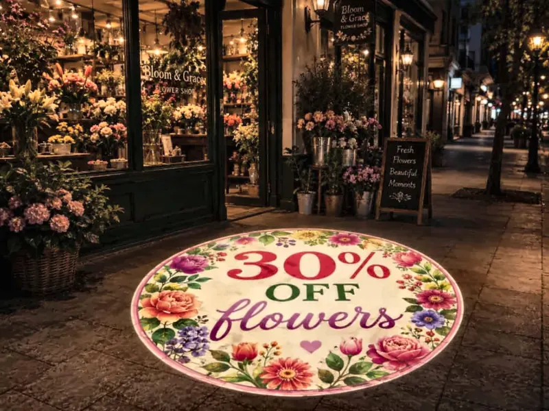 Retail offer artwork shown as a ground projection near a flower shop
